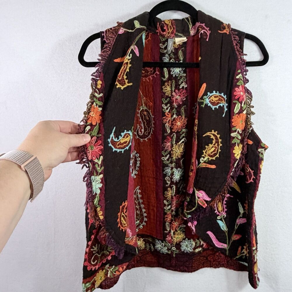 ANU 100% Wool Artsy Art to Wear Colorful Embroidered Boho Woven Vest Women's L - Picture 4 of 9